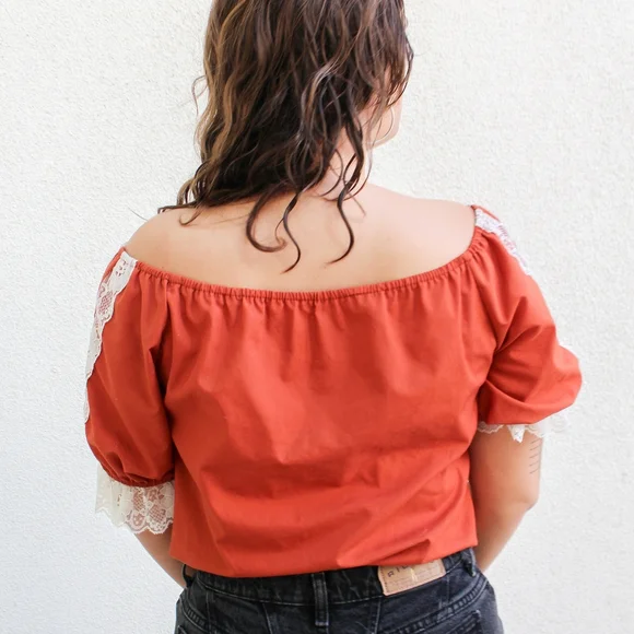 SOLD - Vintage 1970s Deep Orange Rust Off the Shoulder Western Style - Picture 7 of 11
